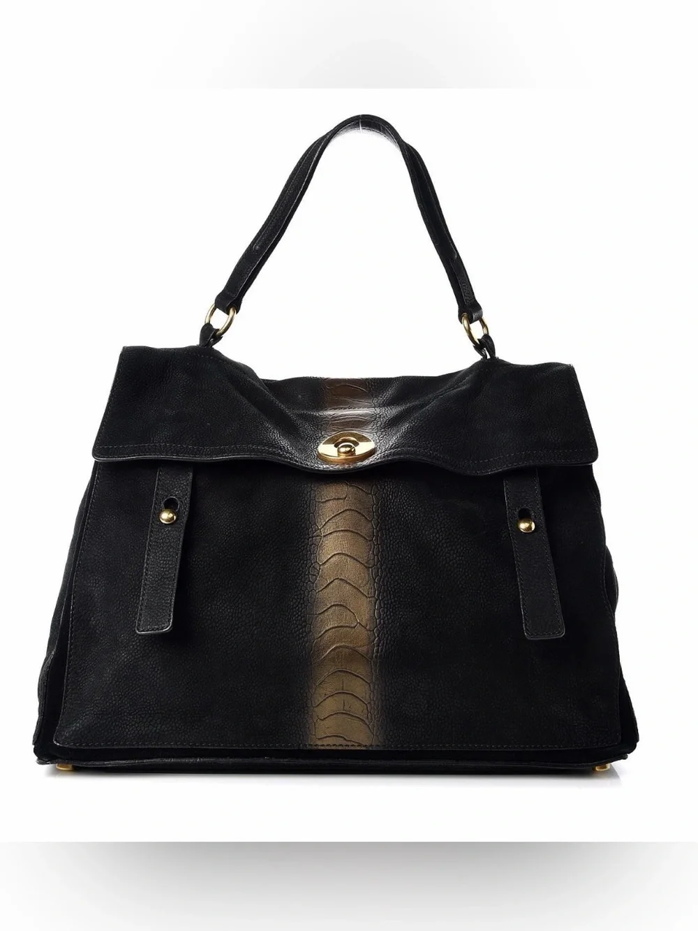 Saint Laurent Nubuck Croc Embossed Large Muse Two Black Gold Handbag